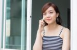 Portrait Of Thai Adult Businesswoman Beautiful Girl Calling Smart Phone Stock Photo