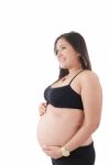 Happy Pregnant Woman Looking To A Copyspace Isolated Stock Photo