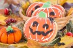 Halloween Decor Pumpkin Cookies Stock Photo