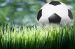 Soccer Football On Green Grass Field Stock Photo