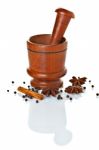 Wooden Mortar And Pestle With Spices Ready For Grinding Stock Photo