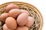 Brown Chicken Eggs In Basket Stock Photo