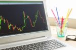 Stock Or Forex Graph In Laptop Screen On Left View Stock Photo