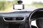 Phone White Screen On Mounted Stick To Glass In Car Stock Photo