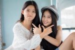 Two Asia Thai Teen Best Friends Girls Smile And Funny Stock Photo