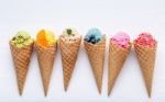 Various Of Ice Cream Flavor In Cones Blueberry ,strawberry ,pist Stock Photo