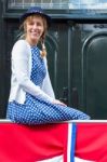 European Woman In Old-fashioned Clothes With Dutch Flag Stock Photo