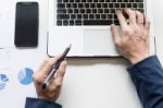 Working On Laptop, Close Up Of Hands Of Business Man Stock Photo