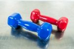 Red And Blue Dumbbell Weight For Fitness Stock Photo