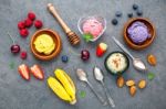 Flat Lay Ice Cream With Various Fruits Raspberry ,blueberry ,str Stock Photo