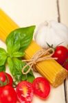 Italian Spaghetti Pasta Tomato And Basil Stock Photo