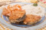 Fried Hake Fish With Rice Stock Photo