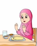 Cartoon Of Girl Pray Before Eating-  Illustration Stock Photo