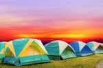 Tourist Tent With Beautiful Sunset Background Stock Photo