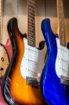 Electric Guitars On Display In A Music Shop Stock Photo