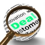 Deal Magnifier Definition Shows Special Promotions Or Trades Stock Photo