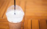 Iced Mocha Coffee In Glass On The Table Stock Photo