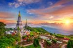 The Best Of Landscape In Chiang Mai. Pagodas Noppamethanedol & Noppapol Phumsiri At Sunset In Inthanon Mountain, Thailand Stock Photo