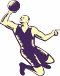 Basketball Player Dunk Ball Woodcut Stock Photo