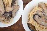 Italian Spaghetti Pasta And Mushrooms Stock Photo