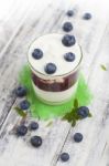 Glass Of Yogurt With Fresh Blueberries Stock Photo