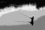 Horizontal Black And White Fisherman Illustraction Stock Photo