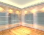 Glass Shelves In White Empty Room Stock Photo