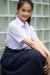 Portrait Of Thai High School Student Uniform Teen Beautiful Girl Happy And Relax, Stock Photo