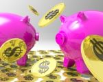 Raining Coins On Piggybanks Shows American Profit Stock Photo