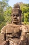 Statue Of Ancient Khmer Warrior Head At Angkor Wat Stock Photo