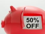 Fifty Percent Off Piggy Bank Shows 50 Price Cut Stock Photo