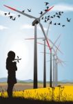 Girl And Wind Turbine Stock Photo