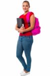 Pretty College Student Carrying Pink Backpack Stock Photo