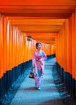 Asian Women In Traditional Japanese Kimonos At Fushimi Inari Shrine In Kyoto, Japan Stock Photo