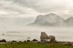 Summer Cloudy Lofoten Islands. Norway Misty Fjords Stock Photo