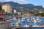 Destroyed  By Thunderstorm Piers With Boats In Verbania, Italy Stock Photo