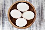 Duck Eggs In Brown Wooden Bowl Stock Photo