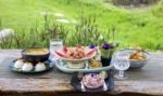 Thai Food Set Menu On Outdoor Table Stock Photo