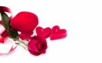 Red Heart Shaped Candles And Rose Stock Photo