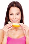 Woman Holding Slice Of Melon Stock Photo