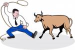 Businessman Holding Lasso Bull Cartoon Stock Photo