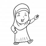 Hand Drawing Muslim Girl Cartoon With Victory Sign - Illus Stock Photo