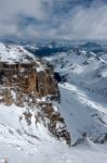 View From Sass Pordoi In The Upper Part Of Val Di Fassa Stock Photo