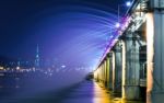 Rainbow Fountain Show At Banpo Bridge In Seoul, South Korea Stock Photo