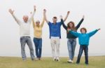 Happy Family Raised Their Hands Stock Photo