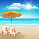 Chairs, Umbrella, Sand And Sea Stock Photo