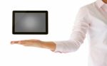 Holding Tablet Computer In His Hand On White Background Stock Photo