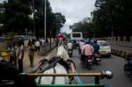 Horse Pulling A Carriage Through The City Stock Photo