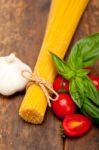 Italian Spaghetti Pasta Tomato And Basil Stock Photo