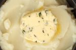 Mashed Potato With Butter Herb Thyme Rosemary Closeup Stock Photo